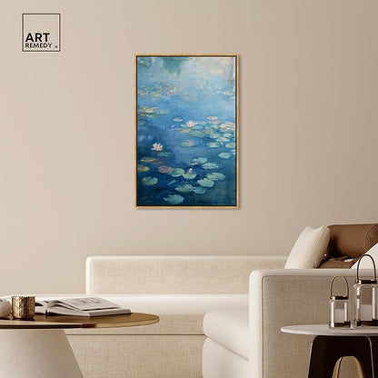 Art Remedy Lilypads In Blues Framed Impressionism 1 Piece Canvas Wall Art/Monet And Van Gogh Inspired Art, 31.5" x 46.5", Gold Frame
