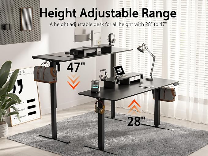 63x24 Inches Electric Standing Desk with Drawer and Monitor Stand, Height Adjustable Sit to Stand up Desk for Home Office, Ergonomic Computer Table with Phone Holder, 3 Hooks, Black