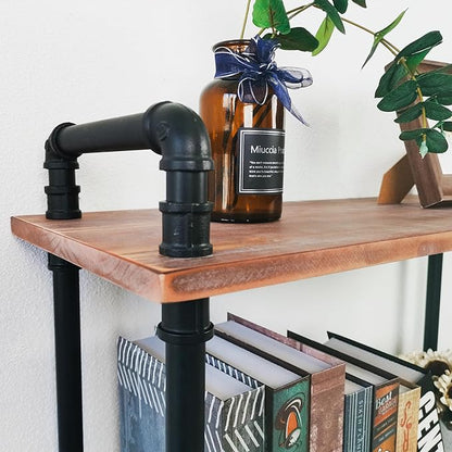 Industrial Bookshelf, 3 Tier Pipe Shelving, Industrial Pipe Shelf - Weathered Brown, 29.5" L x 11.8" W x 39" H