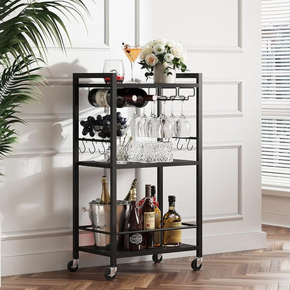 TUTOTAK Bar Cart, Home Bar Serving Cart with 3-Tier Shelf, Drink Cart with Wine Rack, Glass Holder, Rolling bar carts for The Home, Living Room, Brown V1BC01BK035