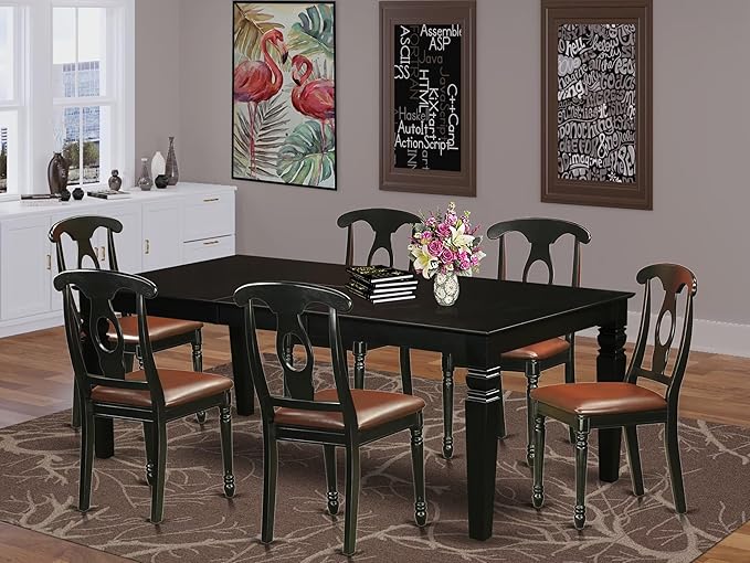 East West Furniture LGKE7-BLK-LC 7 Piece Modern Dining Table Set Consist of a Rectangle Wooden Table with Butterfly Leaf and 6 Faux Leather Dining Room Chairs, 42x84 Inch, Black