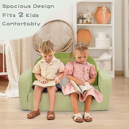 Extra Wide Kids Couch, 2-in-1 Soft Toddler Couch with Blanket, Comfy Toddler Chair, Convertible Sofa to Lounger with Cute Colorful Rainbow Design, Green