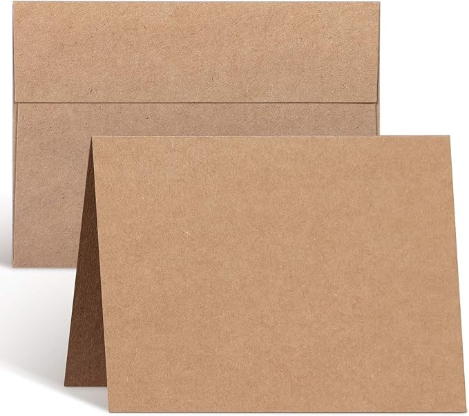 Ohuhu Blank Brown Kraft Cards and Envelopes 100 Pack - 5" x 7" Folded Cardstock Paper and A7 Envelopes for DIY Greeting Cards Wedding Birthday Invitations Baby Shower Thank You Cards and All Occasions