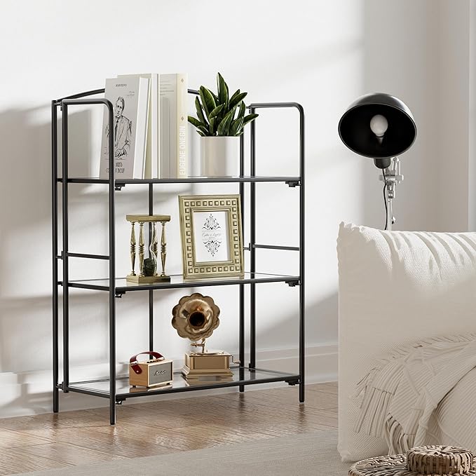 Crofy No Assembly Folding Bookshelf for Living Room, 3 Tier Black Collapsible Book Shelf for Home Office, Portable Bookcase Storage Organizer