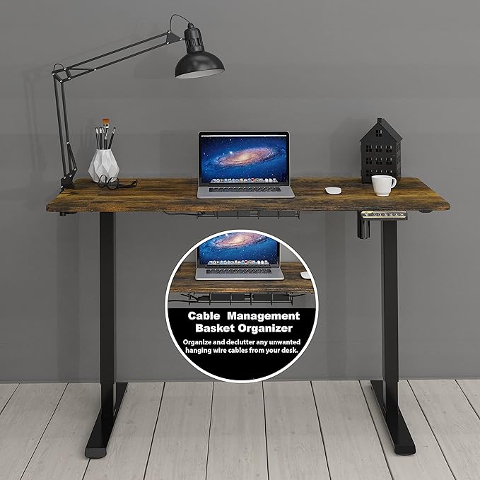 SHW 48-Inch Electric Height Adjustable Sit to Stand Desk with Hanging Hooks and Cable Management, Black Frame and Rustic Brown Top