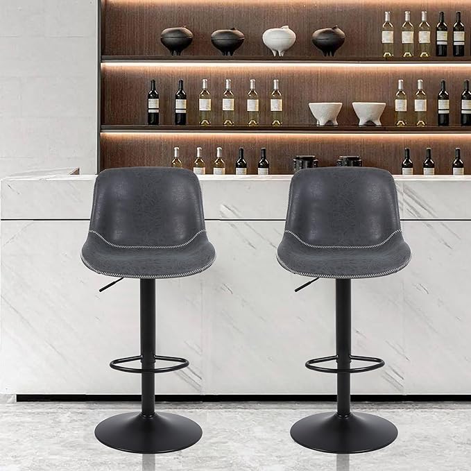 Bar Stools, Swivel Counter Height Barstools with Back, Adjustable Modern Bar Chairs, Tall Armless PU Leather Kitchen Island Stool (Black 02, Set of 3)