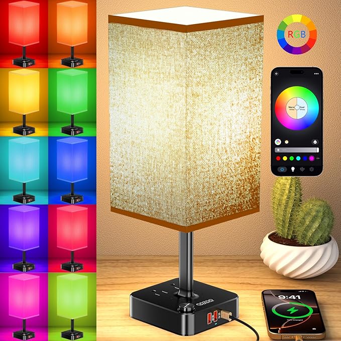 Bluetooth/WiFi RGB & USB Bedside Table Lamp with 3 USB Charging Ports 2 Outlets Power Strip, LED Light Bulb Dimmable, Music Sync Color Changing Light (RGB - Brown Shade)