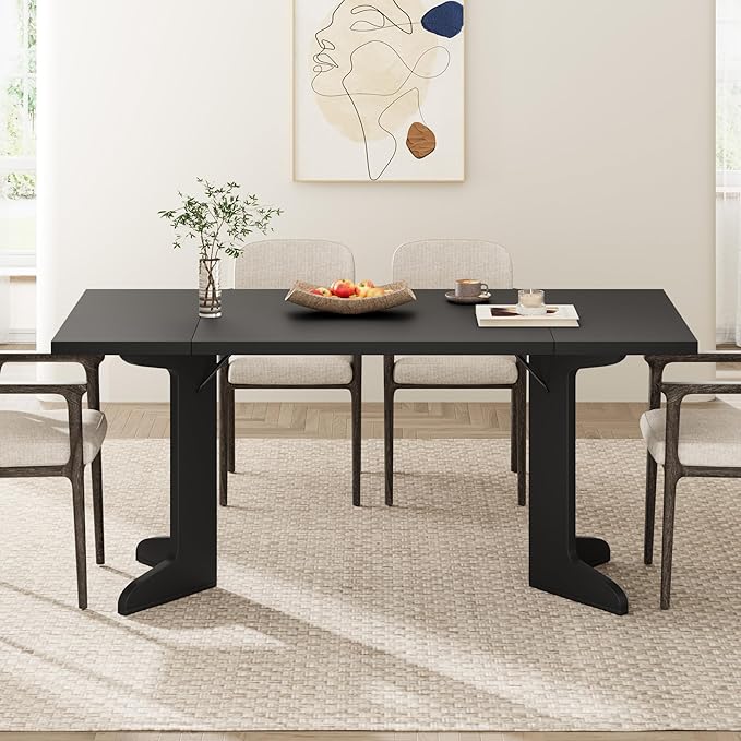 71" Dining Table for 6 to 8 People, Modern Dinner Table with Unique Wooden Legs, Rectangle Dining Table for Kitchen, Dining Room & Living Room, Black