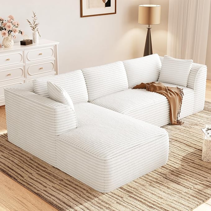 Vesgantti 106" Boneless Couch with Chaise, Deep Seat Comfy Cloud Modular Sofa Corduroy Memory Foam Sectional Couches for Living Room Bedroom, No Assembly Required (Beige, Left-Facing Chaise)