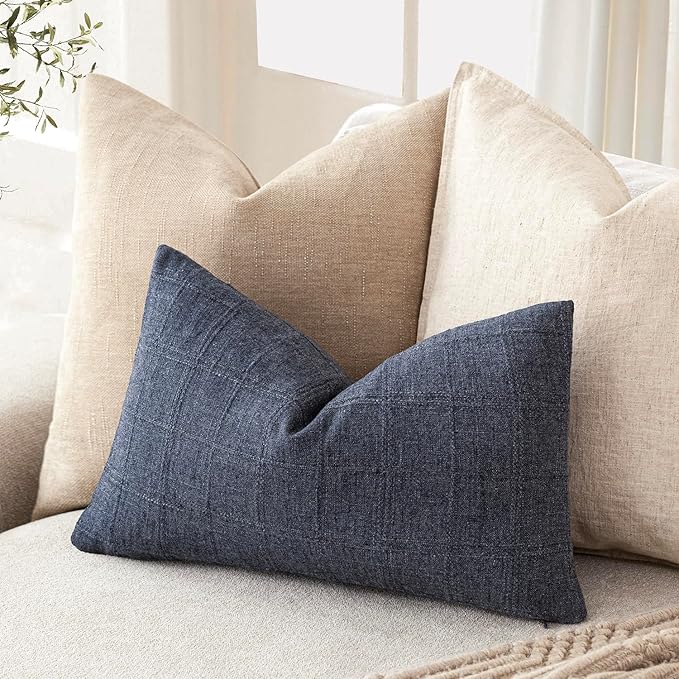 Foindtower Set of 2 Decorative Linen Check Throw Pillow Covers Neutral Farmhouse Lumbar Cushion Covers Modern Boho Home Decor for Sofa Chair Couch Bedroom Living Room Outdoor,12×20 Inch,Navy Blue