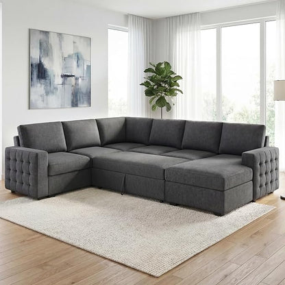 HONBAY Sectional Sleeper Sofa with Pull-Out Bed Storage Chaise,Modular Couch for Living Room, Middle Grey