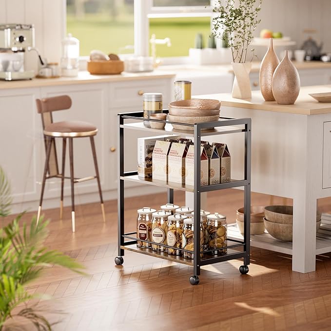 HITNET Bar Cart for The Home, Home Bar Serving Cart with Wheels and Storage Shelves, 3 Tier Rolling Liquor Beverage Cart for Kitchen Dining Living Room, Rustic Brown and Black