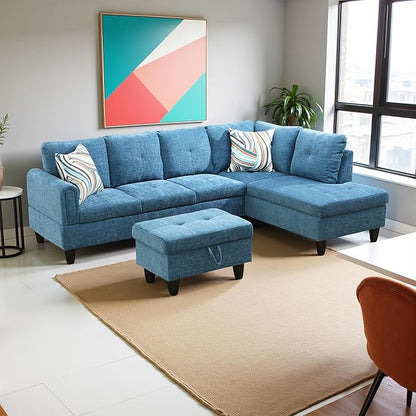 Couches for Living Room Modern L Shaped Couch Comfy Flannel Fabric 3 Pieces Sectional Sofa with Chaise, Ottoman with Storage for Office and Small Apartment, Blue