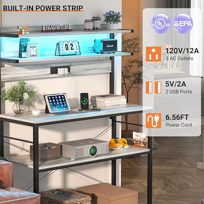 Aheaplus Bakers Rack with Power Outlet, Microwave Stand, 5 Tiers Coffee Bar Station with Led Lights, Kitchen Storage Shelf with 6 S-Shaped Hooks, Kitchen Rack Coffee Bar Stand, White Oak