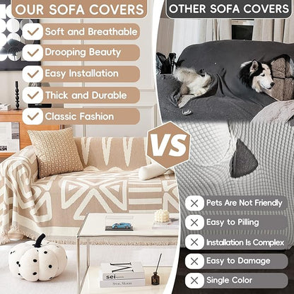 STACYPIK Boho Couch Cover, Khaki Sofa Cover for Dogs, Tassels Loveseat Cover for Sectional, L-Shape Protector for 3 Cushion Couch, Washable Chenille Slipcover, Multi-Use Decorative Blanket-71X134IN