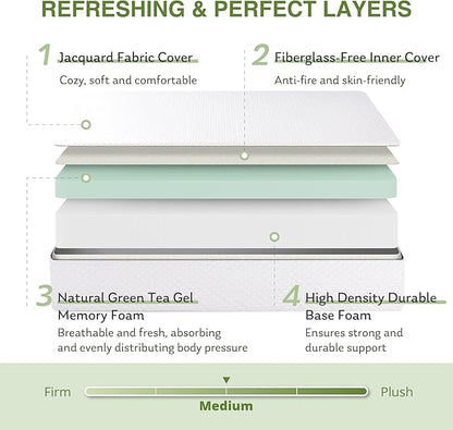 King Size Memory Foam Mattress, 12 Inch Bed Mattress in a Box with Cooling Green Tea Gel, Relieve Pressure with Medium Support, CertiPUR-US Certified, 80''L x 76''W, White