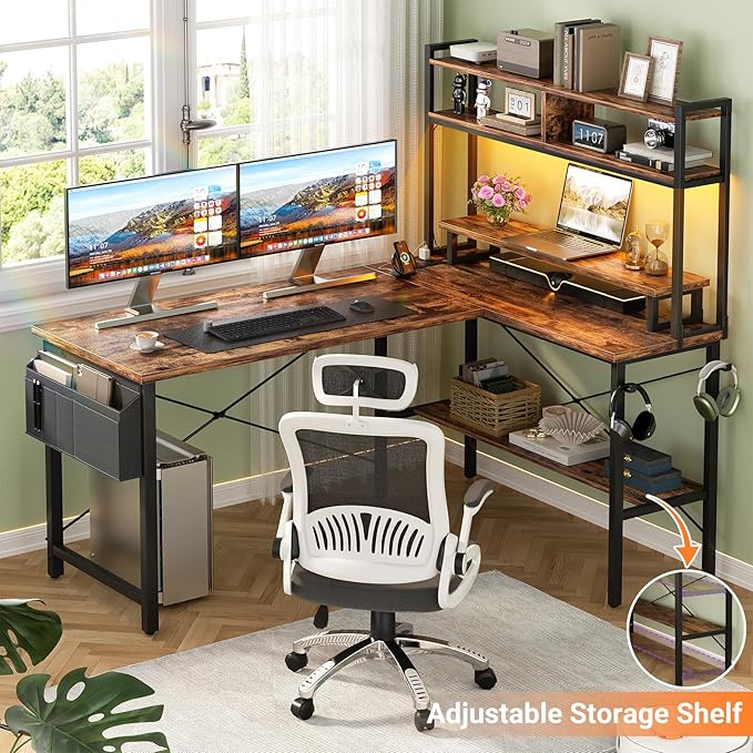 Aheaplus L Shaped Gaming Desk with Power Outlets & LED Lights, Small L-Shaped Desk Computer Corner Desk with Monitor Stand & Storage Shelf, Home Office Desk Writing Desk with Storage Bag, Rustic Brown