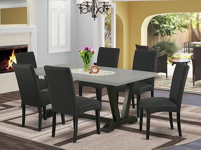 East West Furniture V697DR124-7 7 Piece Modern Dining Table Set Consist of a Rectangle Wooden Table with V-Legs and 6 Black Color Linen Fabric Parsons Dining Chairs, 40x72 Inch, Multi-Color