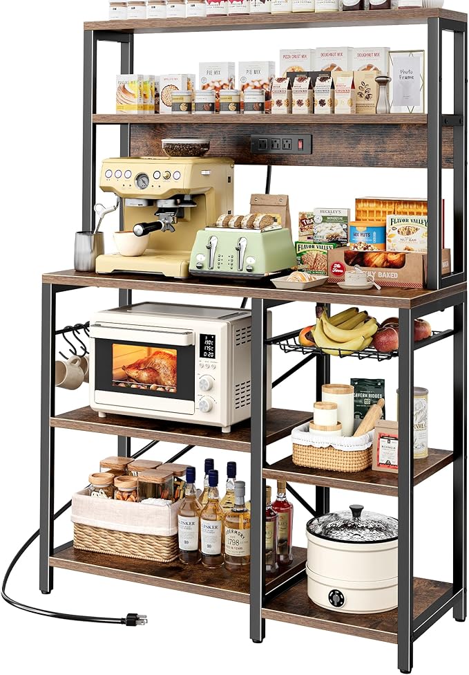 SUPERJARE Bakers Rack with Power Outlet, 35.4 Inches Coffee Bar with Wire Basket, Kitchen Microwave Stand with 6 S-Shaped Hooks, Open Storage Shelves, Rustic Brown
