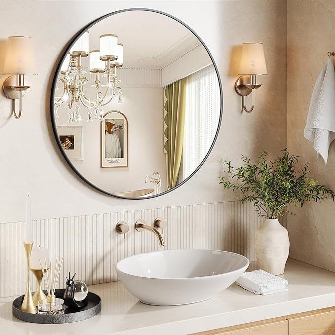 IDEALHOUSE 30Inch Black Round Wall Mirror, Circle Mirror Metal Frame for Bathroom, Vanity, Entryway, Bedroom, Living Room, Wall Mounted Modern Rustic Decor