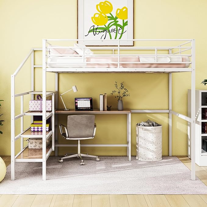Full Size Metal Loft Bed with Desk and Lateral Storage Ladder,Modern Style Heavy-Duty Metal Frame for Kids Teens Adults Bedroom, Dorm,White