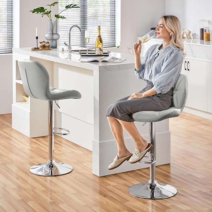 Yaheetech Bar Stools Set of 4, PU Leather Swivel Barstools, Height Adjustable Counter Stools with Backrest fot Kitchen Home Bar, Light Grey