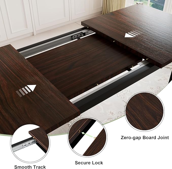 Feonase 7-Piece Dining Table Set with 6 Stools, 63 Inch Extendable Kitchen Table for 4-8, Kitchen Room Set with MDF Board & Metal Frame, Farmhouse Table, Space-Saving, Espresso