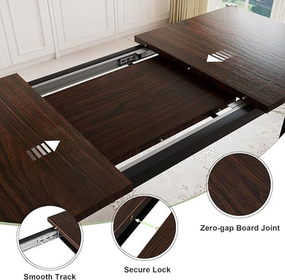 Feonase 7-Piece Dining Table Set with 6 Stools, 63 Inch Extendable Kitchen Table for 4-8, Kitchen Room Set with MDF Board & Metal Frame, Farmhouse Table, Space-Saving, Espresso