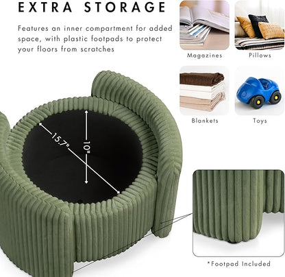 Furniture of America Lennox Modern Chenille 25-inch Round Storage Ottoman with Reversible Flip Top, Upholstered Footstool for Living Room, Bedroom, Entryway, Green