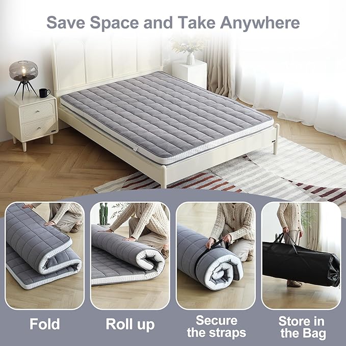 Tiita Japanese Floor Mattress Futon Mattress 4” Thick Folding Roll Up Sleeping Pad with Bag & Strap, Bed Topper Mat for Guest, Lounger and Tavel, Gray,Twin Size