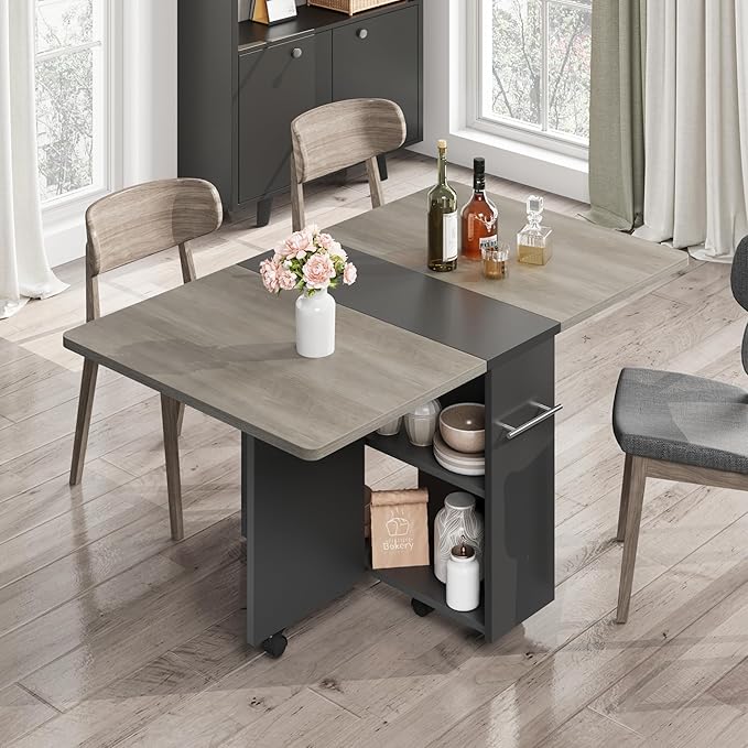 Space Saving Folding Dining Table with 2 Tier Storage-Extendable Drop Leaf Farmhouse Kitchen Dining Room Tables Set for 4, Collapsible Expandable Rectangle (Carlo Grey, 47.2"D x 23.6"W x 29.5"H)