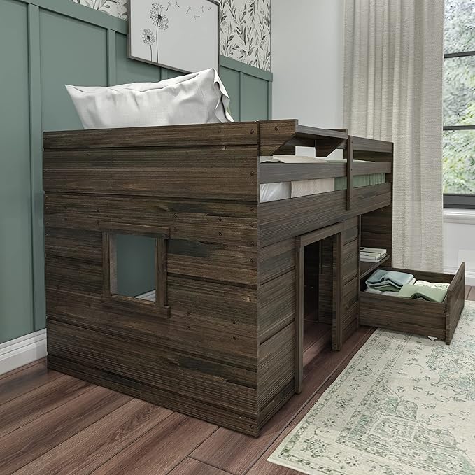 Max & Lily Loft Bed Twin Size, Solid Wood Low Loft Bed with Storage Drawer and Ladder, Modern Farmhouse Loft Bed for Kids, Barnwood Brown