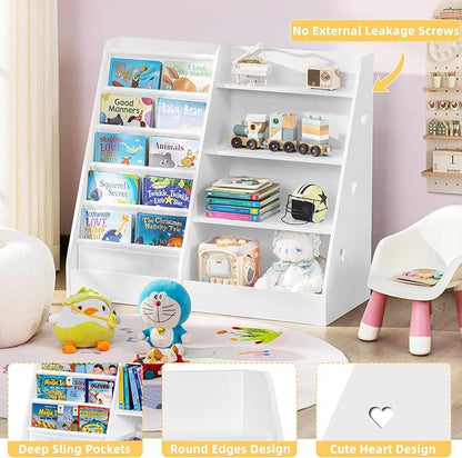 Lerliuo 4 Tier Kids Bookshelf and Storage Organizer, Five Layer Sling Children Bookcase, Baby Toddler Wooden Book Shelf, Display Cabinet for Playroom, Bedroom, Classroom, Nursery, School (White)