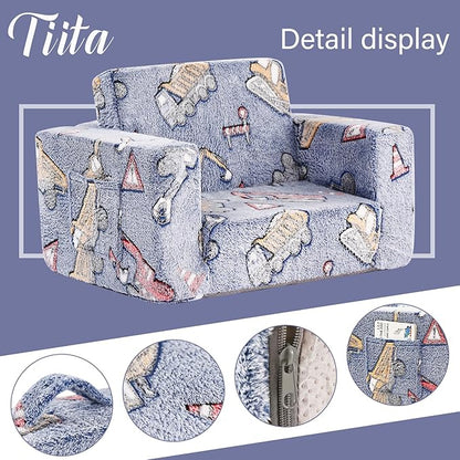Tiita Kids Chair Couch, Folding Toddler Comfy Sofa Chairs, 2-in-1 Kids Plush Sofa Fold Out, Baby Armrest Chair to Lounger, Convertible Play Sofas to Bed for Girl or Boy, Vehicles