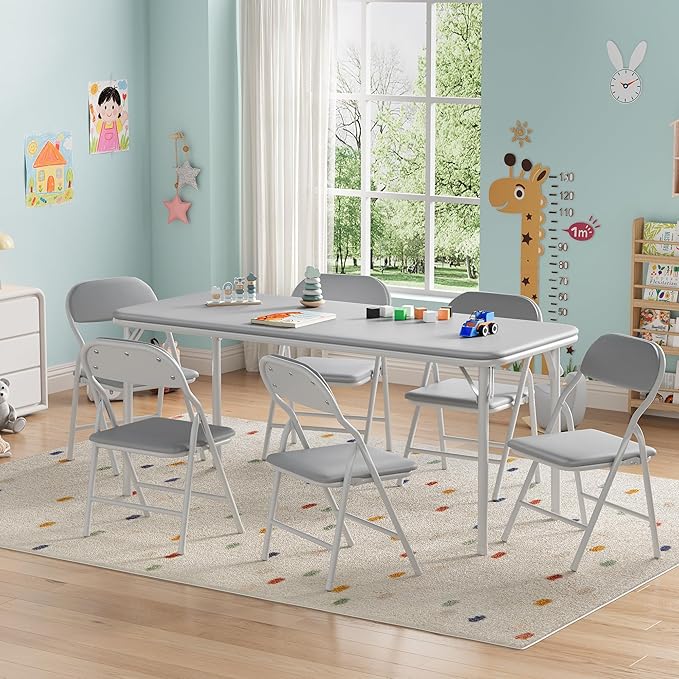 IDEALHOUSE 7 Piece Folding Kids Table and Chairs Set, Children Activity Table and Chairs Set for Dining Room,Daycare,Classrooms