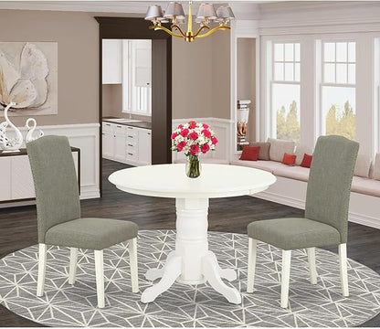 East West Furniture SHEN3-LWH-06 3 Piece Dining Set Contains a Round Kitchen Table with Pedestal and 2 Dark Shitake Linen Fabric Parson Dining Chairs, 42x42 Inch, Linen White