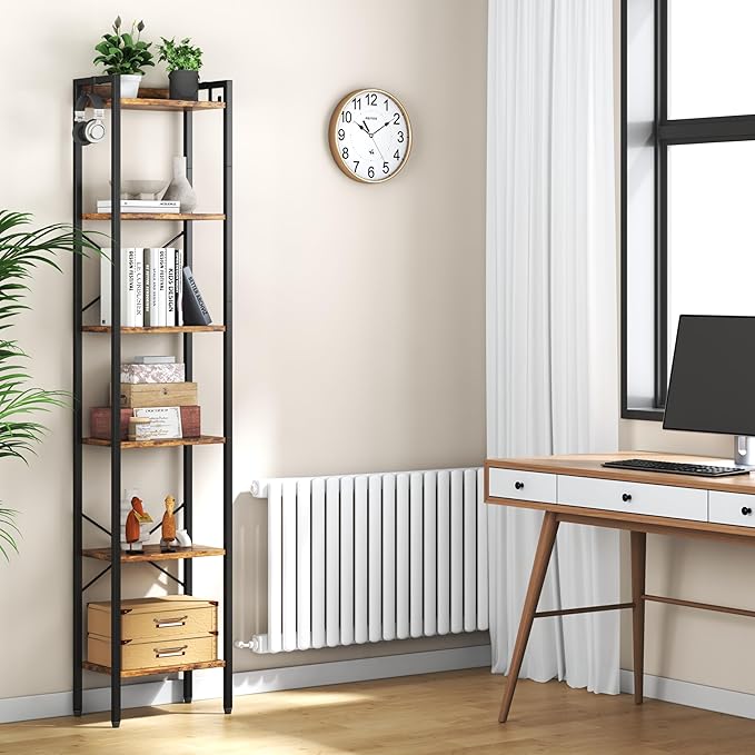 5 Tier Bookshelf, Bookcase with 5 Shelves, Storage Rack Organizer, Corner Wood Storage Shelf with Metal Frame for Bedroom, Living Room (Rustic Brown)