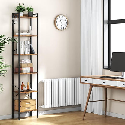 5 Tier Bookshelf, Bookcase with 5 Shelves, Storage Rack Organizer, Corner Wood Storage Shelf with Metal Frame for Bedroom, Living Room (Rustic Brown)