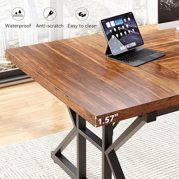 LITTLE TREE 70.8-Inch Office Desk, Wooden Executive Office Desk, Modern Work Desk, Large Farmhouse Writing Table Computer Desk for Home, Brown-Black