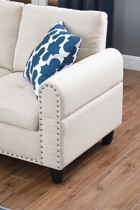 Ball & Cast 98" L Shaped Sectional Couch for Living Room with Coffee Table and Nailhead Trim,4 Seat Linen Upholstered Modular Sectional Sofa Set 2 PCS W/Chaise and Cup Holders,for Home,Office,Beige