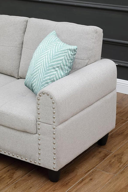 Ball & Cast 98" L Shaped Sectional Couch for Living Room with Chaise & Storage Ottoman,4 Seat Linen Upholstered Modular Sectional Sofa Set 3 PCS W/Cup Holder & Nailhead Trim,for Home,Office,Light Gray