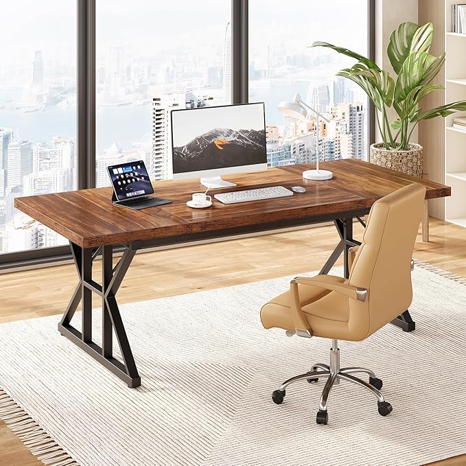 LITTLE TREE 70.8-Inch Office Desk, Wooden Executive Office Desk, Modern Work Desk, Large Farmhouse Writing Table Computer Desk for Home, Brown-Black