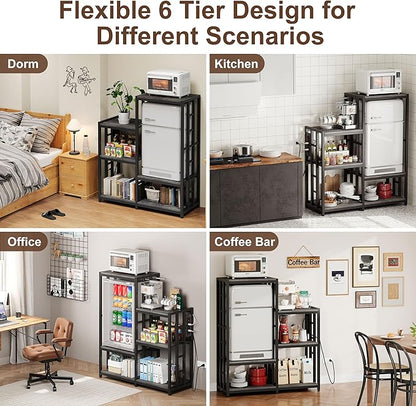 Mini Fridge Stand Coffee Bar Cabinet Station With Small Refrigerator Insert Storage Space, Shelf Organizer For Dorm Microwave To Sit On, Grey Baker Rack With Power Outlet, Big Table To Go Over Fridge