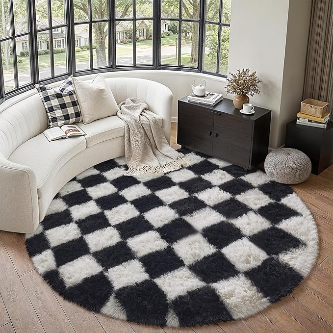Checkered Round Rugs 5ft for Living Room, Black and White Modern Shag Rugs Super Soft Washable Fluffy Indoor Office Carpet for Bedroom Home Dorm Aesthetic Decor