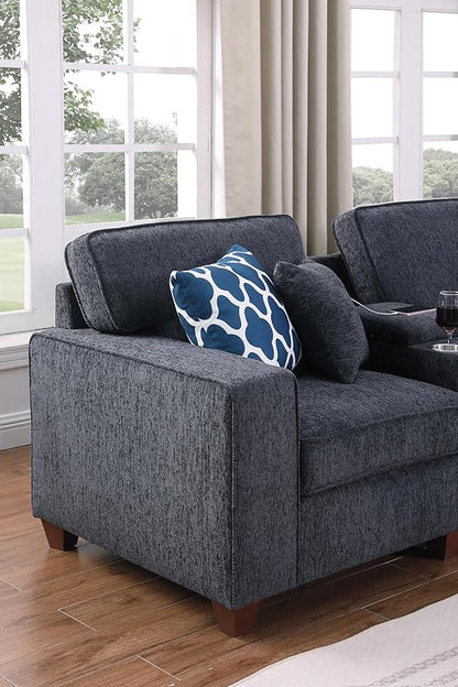 L-Shaped Sectional Couch for Living Room with Movable Ottoman&6 Throw Pillows,7 Seat Chenille Upholstered Sofa W/2 Cup Holder,USB Port&Hidden Storage Box,DIY Combination,Apartment,Dark Gray,127"