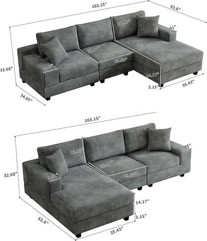 Eafurn Convertible L Shaped Modular Sectional Sofa Couch, 5 Seater Corduroy Upholstered Corner Sofa Lounge Couch with Extra Wide Reversible Chaise Lounge and Headrest for Living Room