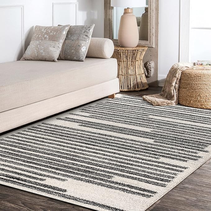 JONATHAN Y Khalil Modern Berber Stripe Cream/Black Indoor Area Rug, 4x6, Contemporary, Bohemian, Easy-Cleaning for Living Room, Bedroom, Kitchen, Pet Friendly, Non-Shedding (MOH207A-4)