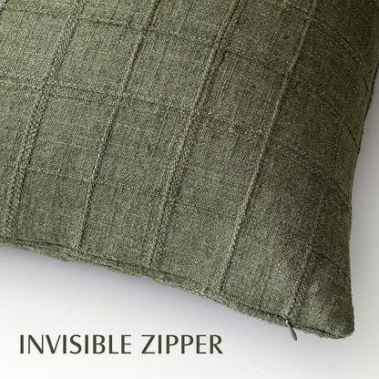 Foindtower Set of 2 Decorative Linen Check Throw Pillow Covers Neutral Farmhouse Lumbar Cushion Covers Modern Boho Home Decor for Sofa Chair Couch Bedroom Living Room Outdoor,12×20 Inch,Olive Green