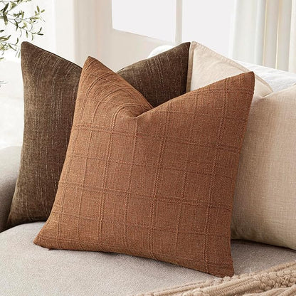 Foindtower Set of 2 Decorative Linen Check Throw Pillow Covers Neutral Farmhouse Vintage Cushion Covers Modern Boho Home Decor for Sofa Chair Couch Bedroom Living Room Outdoor,20×20 Inch,Orange