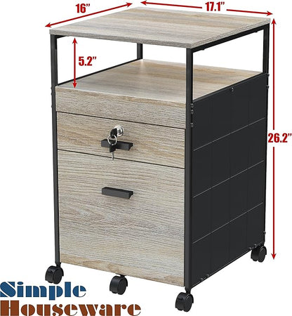 SHW Box File Rolling Mobile Cabinet with Open Shelf and Lockable Drawer, Maple